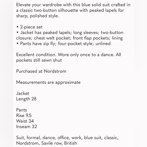 Nordstrom Savile Row 2 Piece Suit Blue 2 Button Jacket Pants 40R - Picture 14 of 14